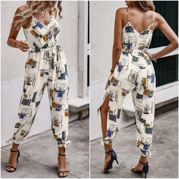 Boho Abstract Print Cut out Leg Cami Jumpsuit - Picture 3 of 5